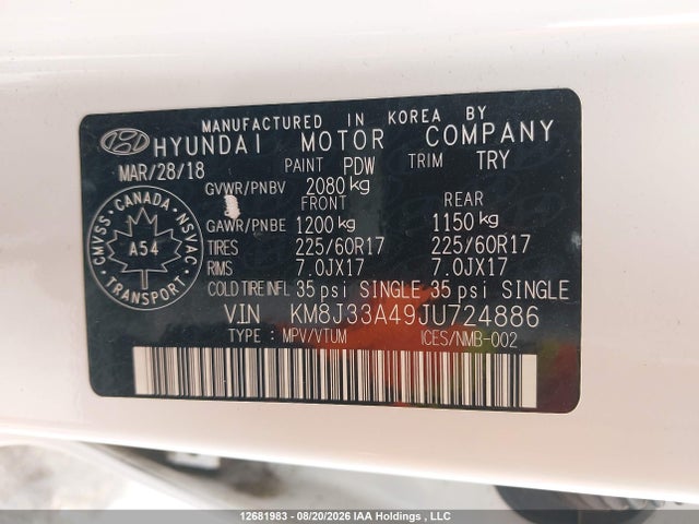 KM8J33A49JU724886 Hyundai Tucson Limited/sport And Eco/se