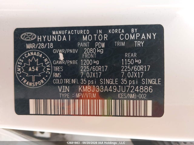 KM8J33A49JU724886 Hyundai Tucson Limited/sport And Eco/se