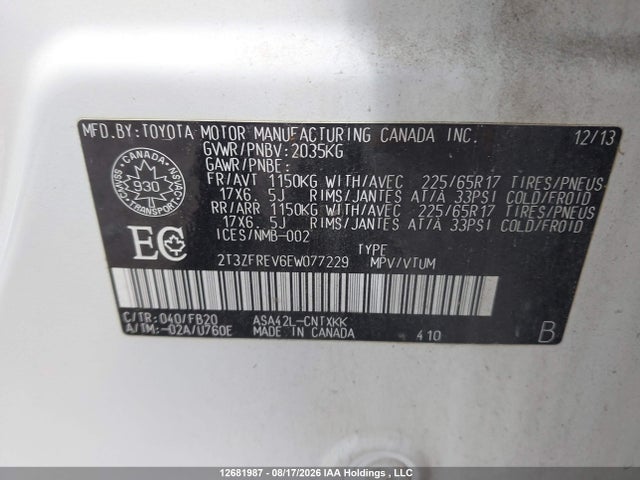 12681987 :رقم المزاد ، 2T3ZFREV6EW077229 vin ، 2014 Toyota Rav4 مزاد بيع