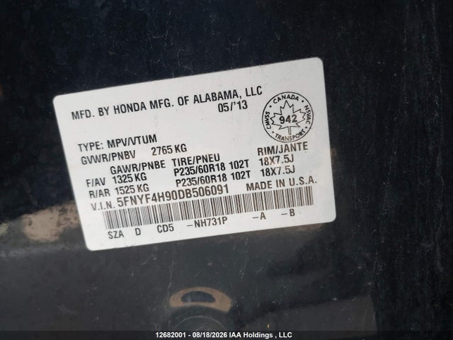 Продаж на аукціоні авто 2013 Honda Pilot Touring, vin: 5FNYF4H90DB506091, номер лоту: 12682001