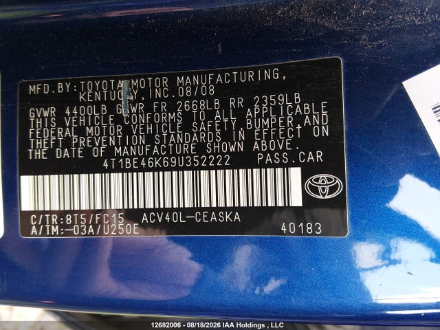 Aukcja sprzedaży 2009 Toyota Camry, vin: 4T1BE46K69U352222, numer aukcji: 12682006