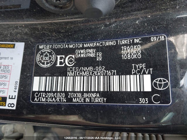 12682016 :رقم المزاد ، NMTKHMBX2KR071671 vin ، 2019 Toyota C-hr مزاد بيع