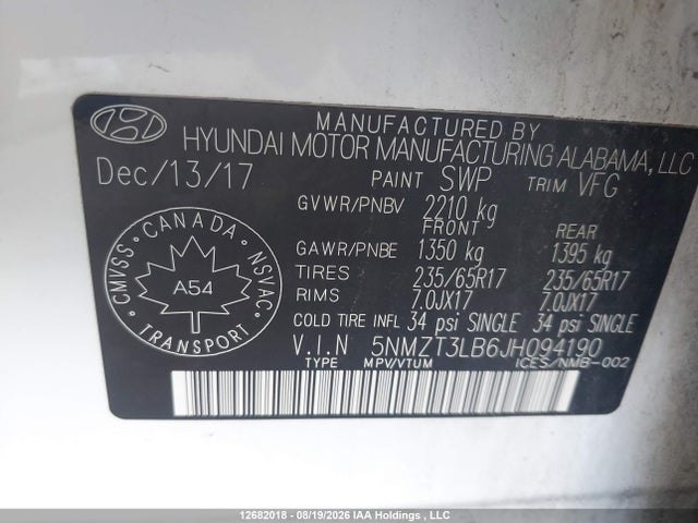 5NMZT3LB6JH094190 Hyundai Santa Fe Sport 2.4 Base