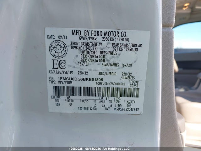 Aukcja sprzedaży 2011 Ford Escape Xlt Automatic, vin: 1FMCU0DG6BKB61805, numer aukcji: 12682025