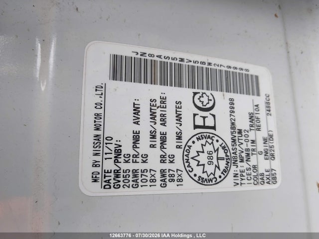 12663776 :رقم المزاد ، JN8AS5MV5BW279998 vin ، 2011 Nissan Rogue Sv مزاد بيع