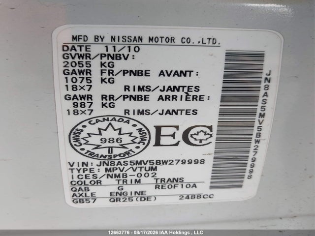 12663776 :رقم المزاد ، JN8AS5MV5BW279998 vin ، 2011 Nissan Rogue Sv مزاد بيع