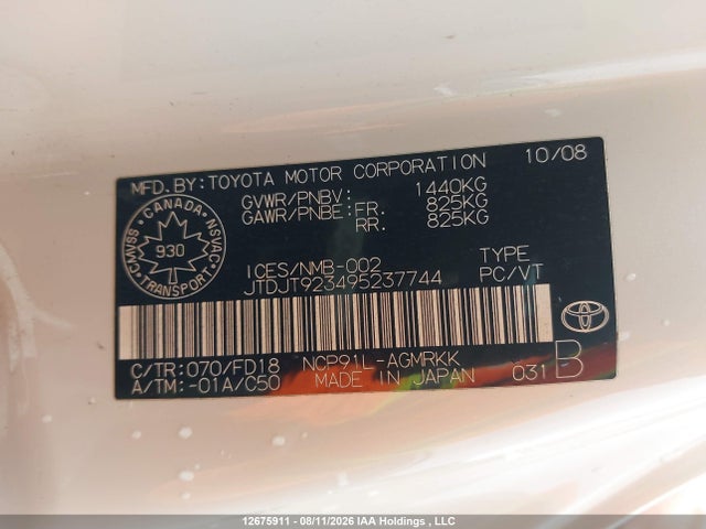 Aukcja sprzedaży 2009 Toyota Yaris Rs, vin: JTDJT923495237744, numer aukcji: 12675911