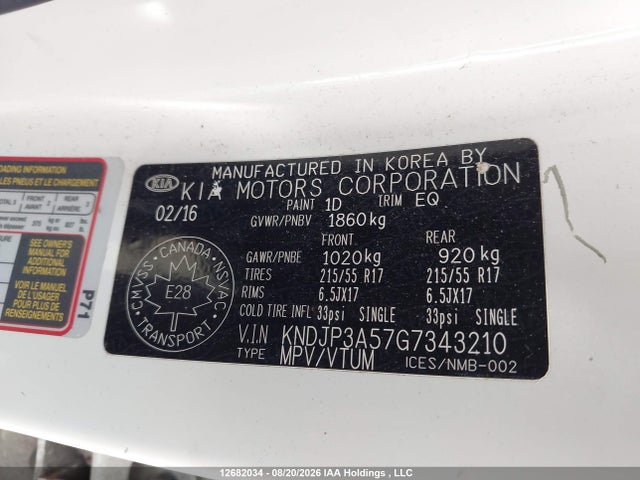 12682034 :رقم المزاد ، KNDJP3A57G7343210 vin ، 2016 Kia Soul مزاد بيع