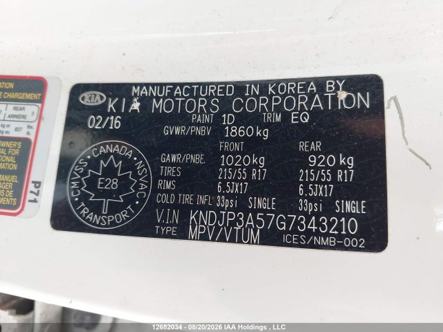 12682034 :رقم المزاد ، KNDJP3A57G7343210 vin ، 2016 Kia Soul مزاد بيع