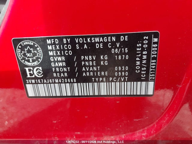 12676232 :رقم المزاد ، 3VW1K7AJ6FM420668 vin ، 2015 Volkswagen Jetta 2.0l Trendline/2.0l Trendline+ مزاد بيع