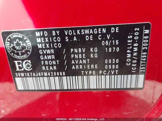 12676232 :رقم المزاد ، 3VW1K7AJ6FM420668 vin ، 2015 Volkswagen Jetta 2.0l Trendline/2.0l Trendline+ مزاد بيع