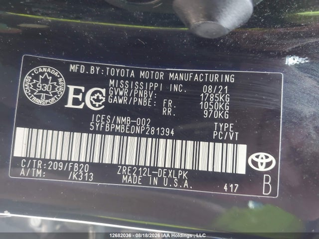 Продаж на аукціоні авто 2022 Toyota Corolla Le, vin: 5YFBPMBE0NP281394, номер лоту: 12682036
