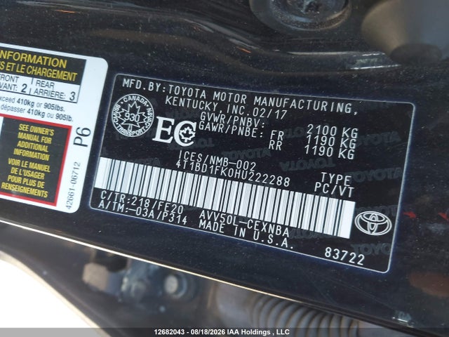Auction sale of the 2017 Toyota Camry Hybrid, vin: 4T1BD1FK0HU222288, lot number: 12682043