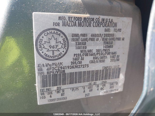 Aukcja sprzedaży 2003 Mazda Tribute Lx V6, vin: 4F2CZ94193KM27275, numer aukcji: 12682049
