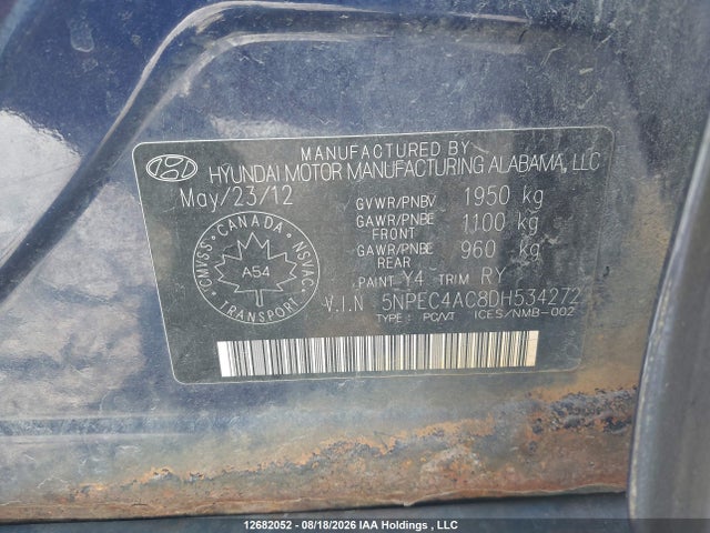 12682052 :رقم المزاد ، 5NPEC4AC8DH534272 vin ، 2013 Hyundai Sonata Se/limited مزاد بيع