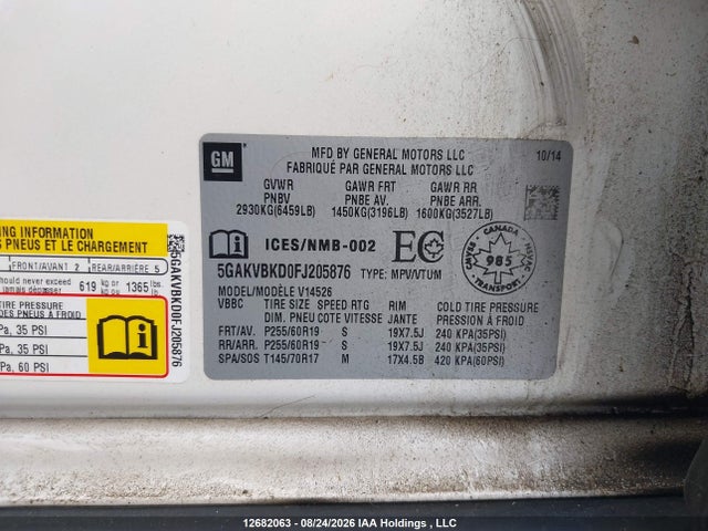 2015 Buick Enclave Leather მანქანა იყიდება აუქციონზე, vin: 5GAKVBKD0FJ205876, აუქციონის ნომერი: 12682063