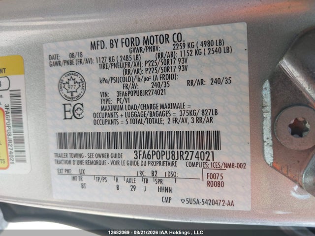 12682069 :رقم المزاد ، 3FA6P0PU8JR274021 vin ، 2018 Ford Fusion مزاد بيع
