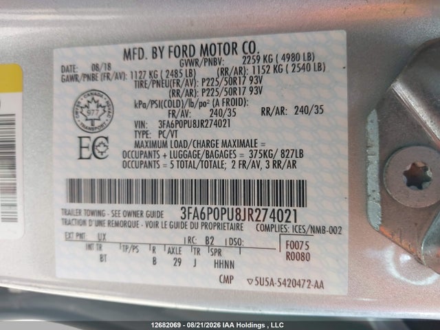12682069 :رقم المزاد ، 3FA6P0PU8JR274021 vin ، 2018 Ford Fusion مزاد بيع