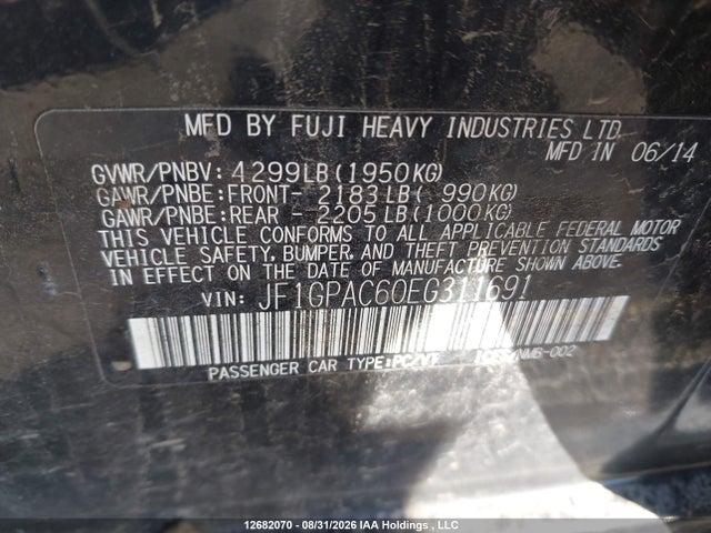 2014 Subaru Impreza Premium მანქანა იყიდება აუქციონზე, vin: JF1GPAC60EG311691, აუქციონის ნომერი: 12682070