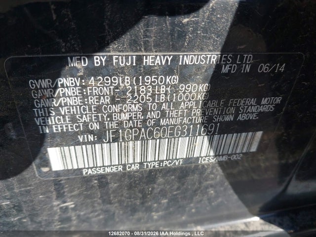 2014 Subaru Impreza Premium მანქანა იყიდება აუქციონზე, vin: JF1GPAC60EG311691, აუქციონის ნომერი: 12682070