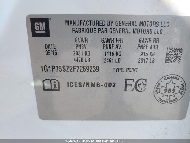 2015 Chevrolet Cruze მანქანა იყიდება აუქციონზე, vin: 1G1P75SZ2F7269239, აუქციონის ნომერი: 12682123