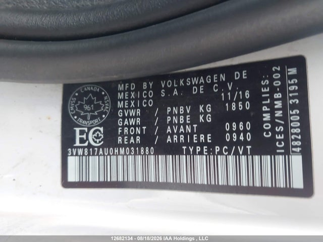12682134 :رقم المزاد ، 3VW817AU0HM031880 vin ، 2017 Volkswagen Golf Trendline مزاد بيع