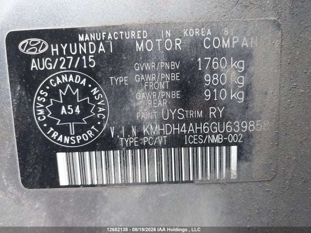 KMHDH4AH6GU639858 Hyundai Elantra Se/sport/limited