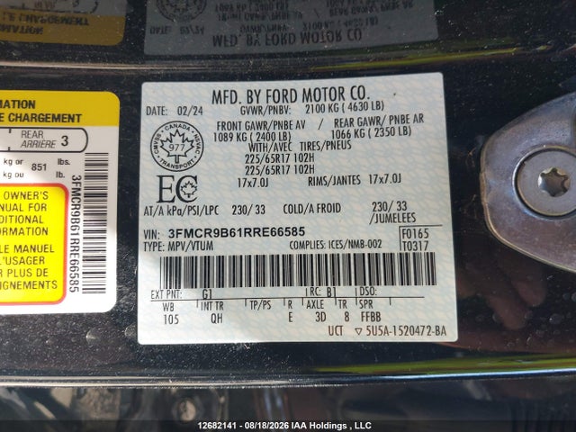 2024 Ford Bronco Sport Big Bend მანქანა იყიდება აუქციონზე, vin: 3FMCR9B61RRE66585, აუქციონის ნომერი: 12682141