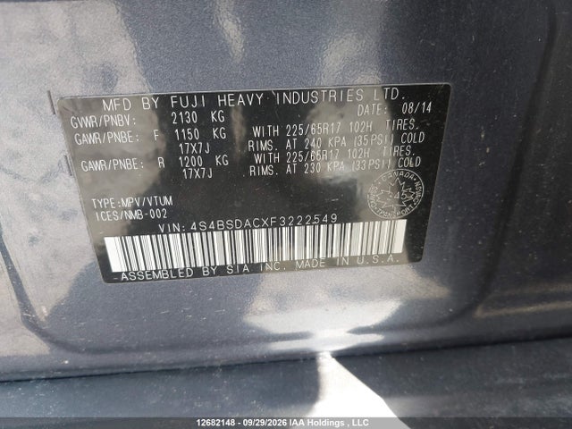 Продаж на аукціоні авто 2015 Subaru Outback 2.5i, vin: 4S4BSDACXF3222549, номер лоту: 12682148