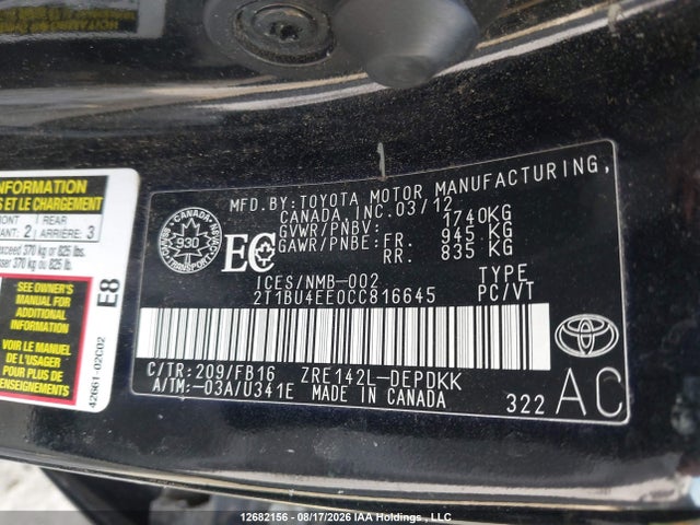 Aukcja sprzedaży 2012 Toyota Corolla Le, vin: 2T1BU4EE0CC816645, numer aukcji: 12682156