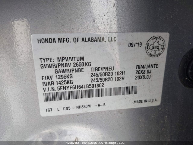Honda Pilot Touring 2020 5FNYF6H64LB501802 Image 9