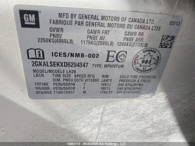 Aukcja sprzedaży 2013 Gmc Terrain Sle, vin: 2GKALSEKXD6294347, numer aukcji: 12682172