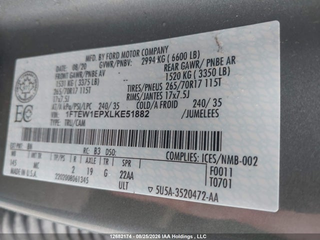 Продаж на аукціоні авто 2020 Ford F150 Supercrew, vin: 1FTEW1EPXLKE51882, номер лоту: 12682174