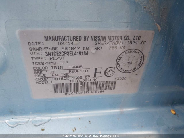 3N1CE2CP3EL419184 Nissan Versa Note 1.6 S/1.6 Sl/1.6 Sv