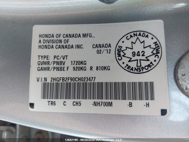 12682199 :رقم المزاد ، 2HGFB2F90CH023477 vin ، 2012 Honda Civic Exl مزاد بيع