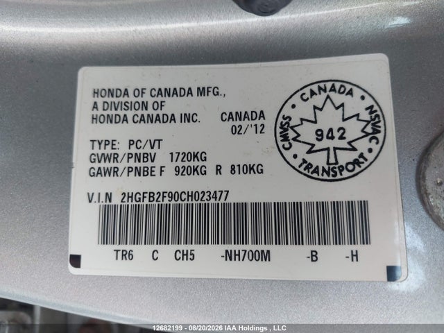 12682199 :رقم المزاد ، 2HGFB2F90CH023477 vin ، 2012 Honda Civic Exl مزاد بيع