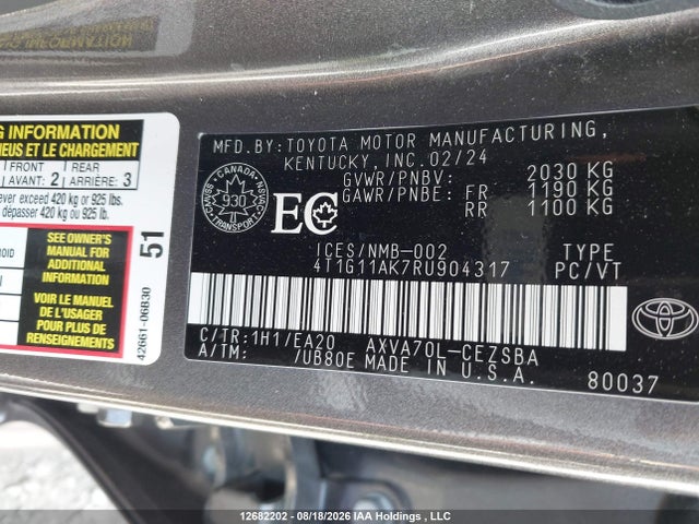 12682202 :رقم المزاد ، 4T1G11AK7RU904317 vin ، 2024 Toyota Camry Se Night Shade/se مزاد بيع