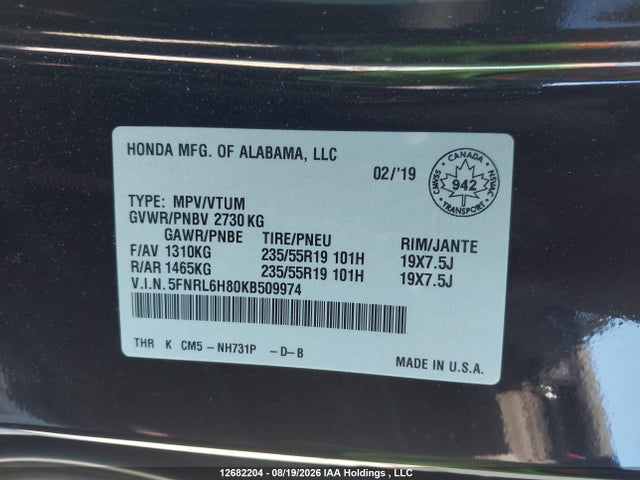 5FNRL6H80KB509974 Honda Odyssey Touring