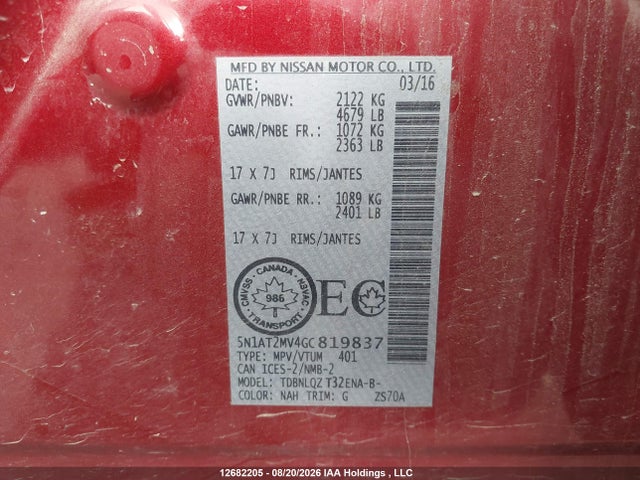 5N1AT2MV4GC819837 Nissan Rogue S/sl Premium/sv