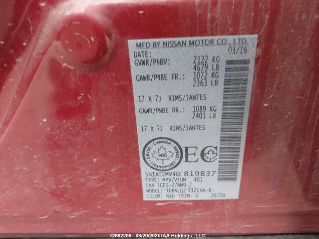 5N1AT2MV4GC819837 Nissan Rogue S/sl Premium/sv