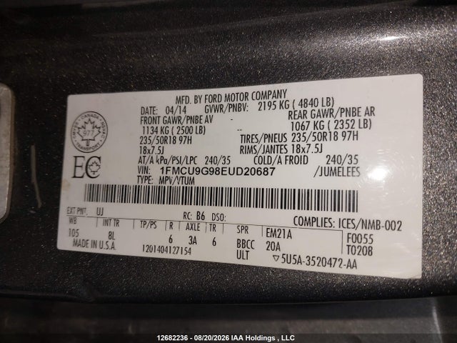 Ford ESCAPE SE 2014 1FMCU9G98EUD20687 Image 9