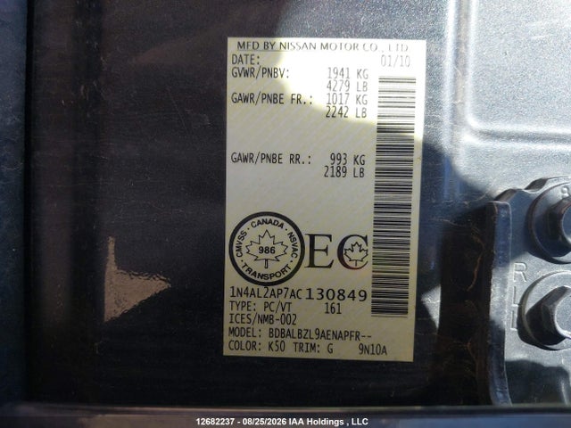 2010 Nissan Altima 2.5 S მანქანა იყიდება აუქციონზე, vin: 1N4AL2AP7AC130849, აუქციონის ნომერი: 12682237