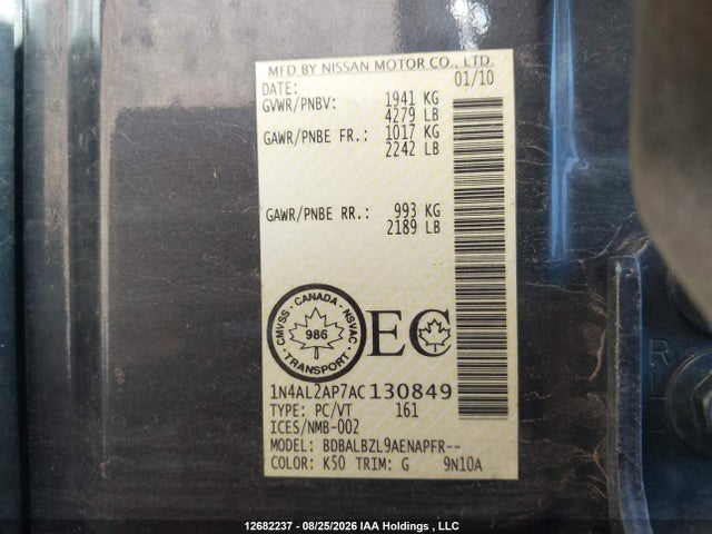 2010 Nissan Altima 2.5 S მანქანა იყიდება აუქციონზე, vin: 1N4AL2AP7AC130849, აუქციონის ნომერი: 12682237