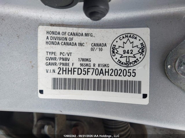 12682242 :رقم المزاد ، 2HHFD5F70AH202055 vin ، 2010 Acura Csx مزاد بيع