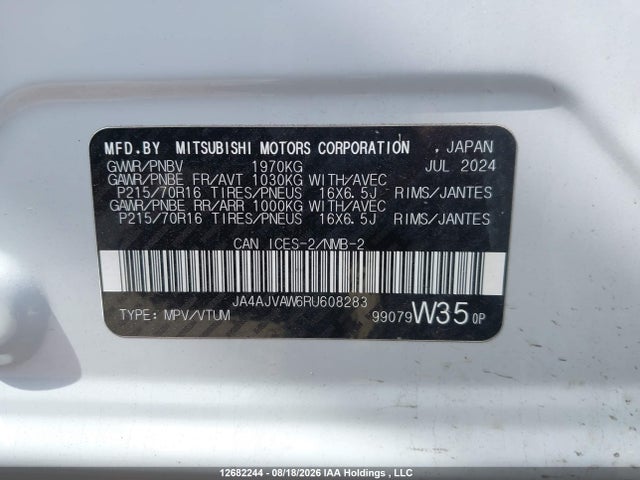 2024 Mitsubishi Rvr Se/sel/noir/gt მანქანა იყიდება აუქციონზე, vin: JA4AJVAW6RU608283, აუქციონის ნომერი: 12682244