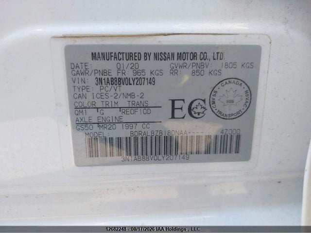 Продажа на аукционе авто 2020 Nissan Sentra S/s Plus, vin: 3N1AB8BV0LY207149, номер лота: 12682248