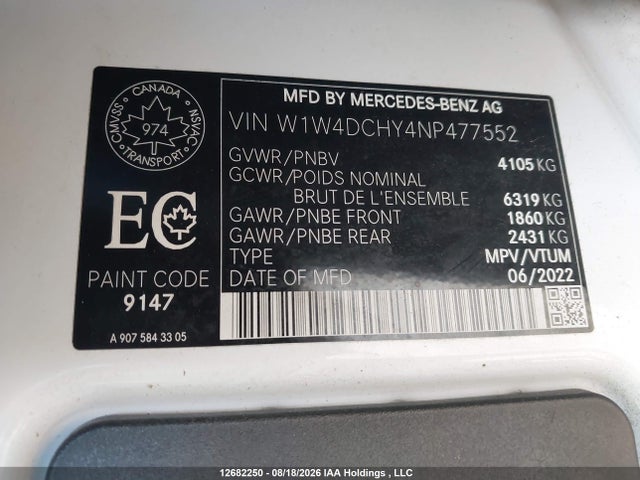 Aukcja sprzedaży 2022 Mercedes-benz Sprinter 2500, vin: W1W4DCHY4NP477552, numer aukcji: 12682250