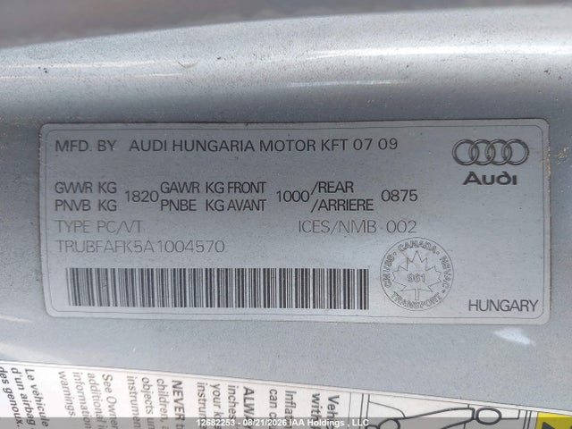Aukcja sprzedaży 2010 Audi Tt 2.0t, vin: TRUBFAFK5A1004570, numer aukcji: 12682253