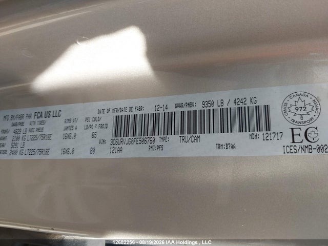 12682256 :رقم المزاد ، 3C6URVJG0FE506760 vin ، 2015 Ram Promaster 3500 3500 High مزاد بيع
