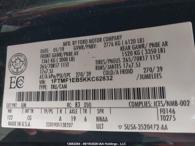 12682264 :رقم المزاد ، 1FTMF1EB5KKC62832 vin ، 2019 Ford F-150 Xl مزاد بيع
